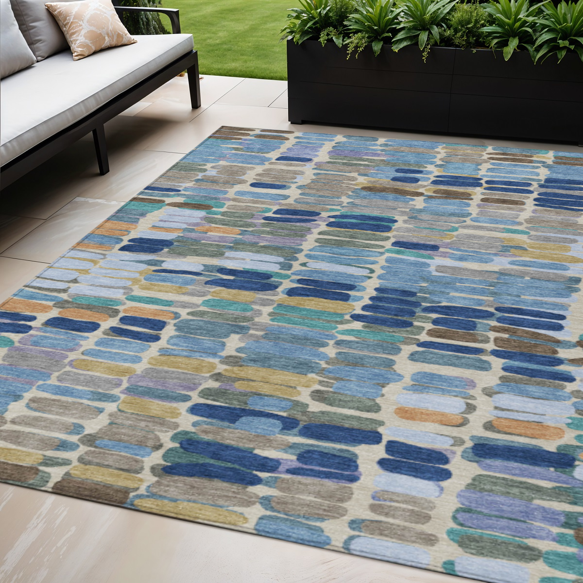 660902 5 x 8 ft. Denim Blue Wheat & Beige Abstract Washable Transitional Indoor & Outdoor Rectangle Area Rug