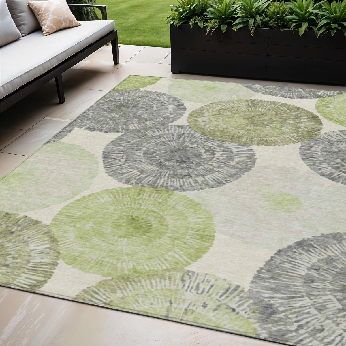 660986 5 x 8 ft. Artichoke Green, Ivory & Gray Abstract Washable Transitional Indoor & Outdoor Rectangle Area Rug