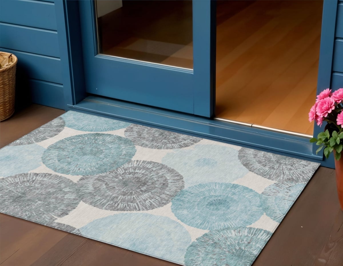 661015 3 x 5 ft. Teal Blue, Ivory & Gray Abstract Washable Transitional Indoor & Outdoor Rectangle Area Rug
