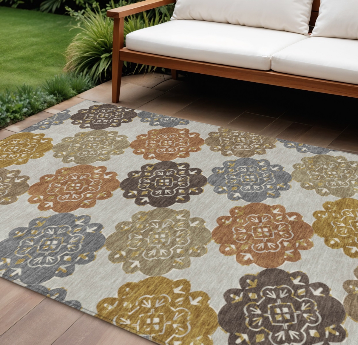 661092 10 x 14 ft. Taupe Orange & Ivory Quatrefoil Washable Transitional Indoor & Outdoor Rectangle Area Rug