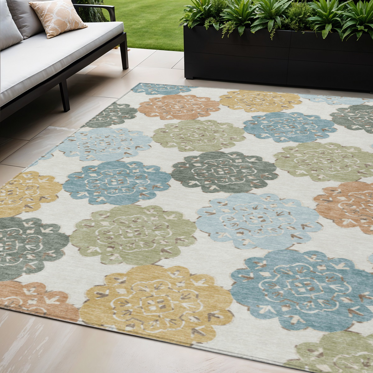 661106 5 x 8 ft. Pacific Blue, Ivory & Copper Quatrefoil Washable Transitional Indoor & Outdoor Rectangle Area Rug