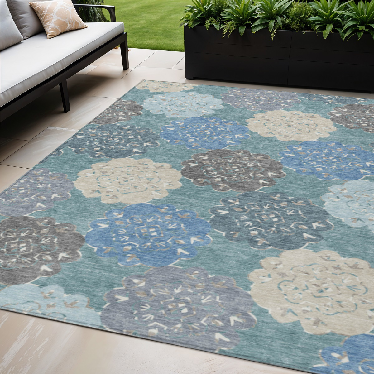 661112 5 x 8 ft. Teal, Blue & Beige - Ivory Quatrefoil Washable Transitional Indoor & Outdoor Rectangle Area Rug