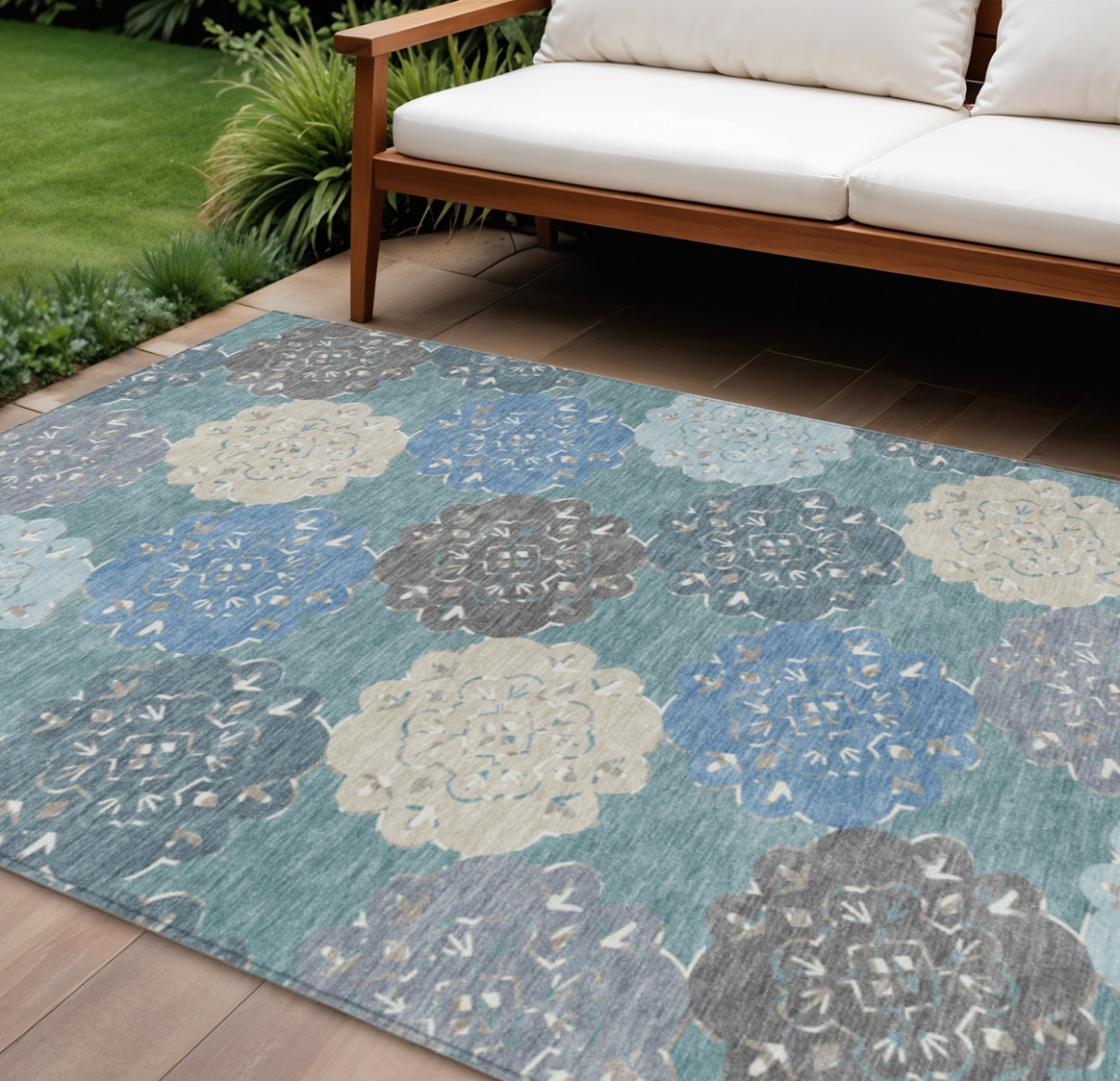 661116 10 x 14 ft. Teal, Blue & Beige - Ivory Quatrefoil Washable Transitional Indoor & Outdoor Rectangle Area Rug