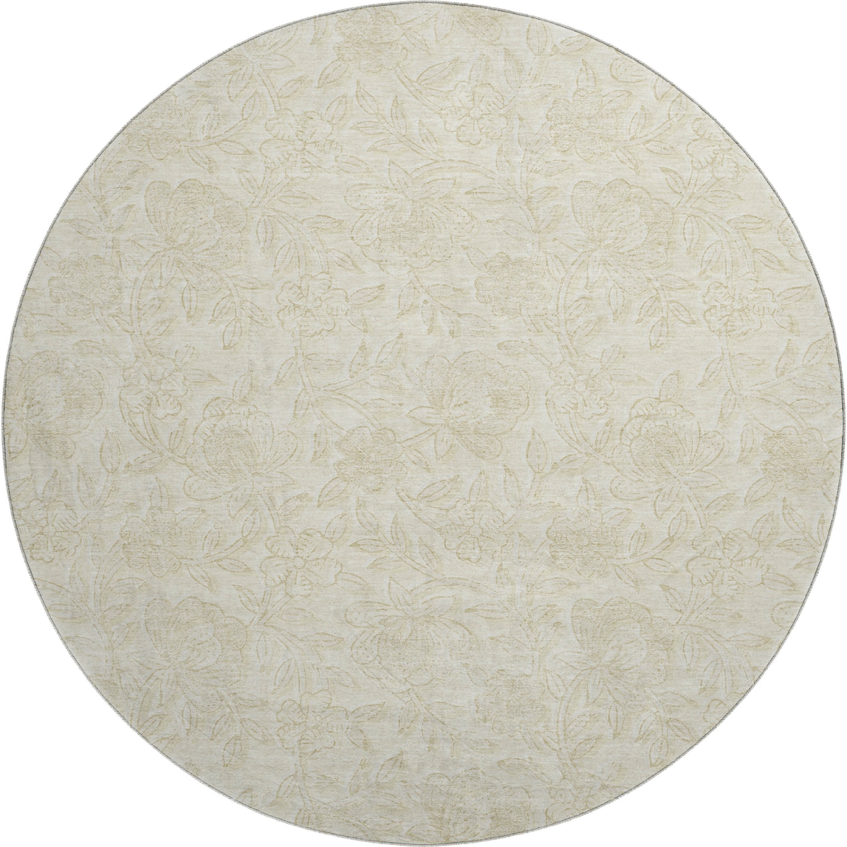 665047 8 ft. Ivory & Beige Floral Transitional Washable Round Area Rug with UV Protection