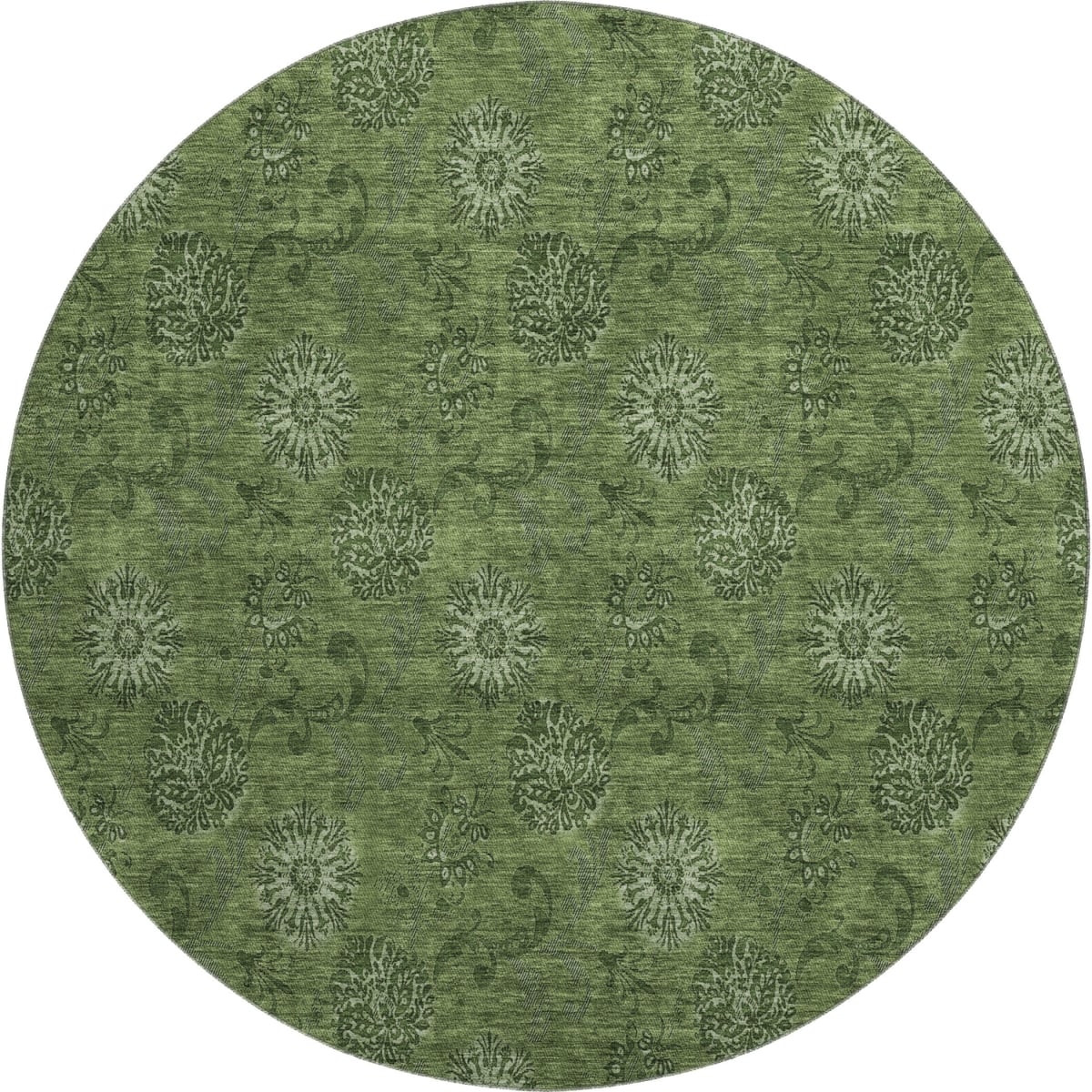 665329 8 ft. Olive Green & Ivory Floral Transitional Washable Round Area Rug with UV Protection