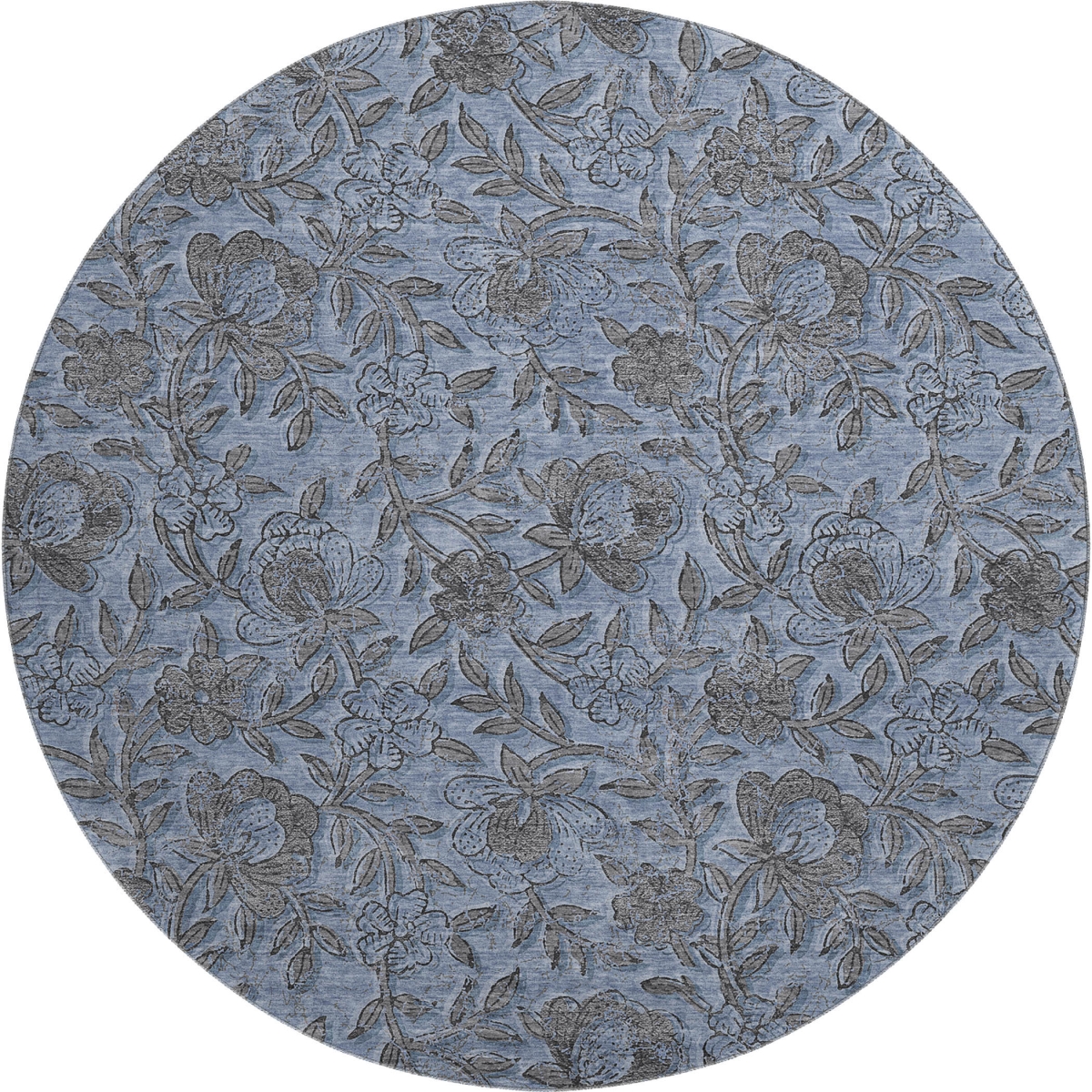 664603 8 ft. Blue & Gray Floral Transitional Washable Round Area Rug with UV Protection