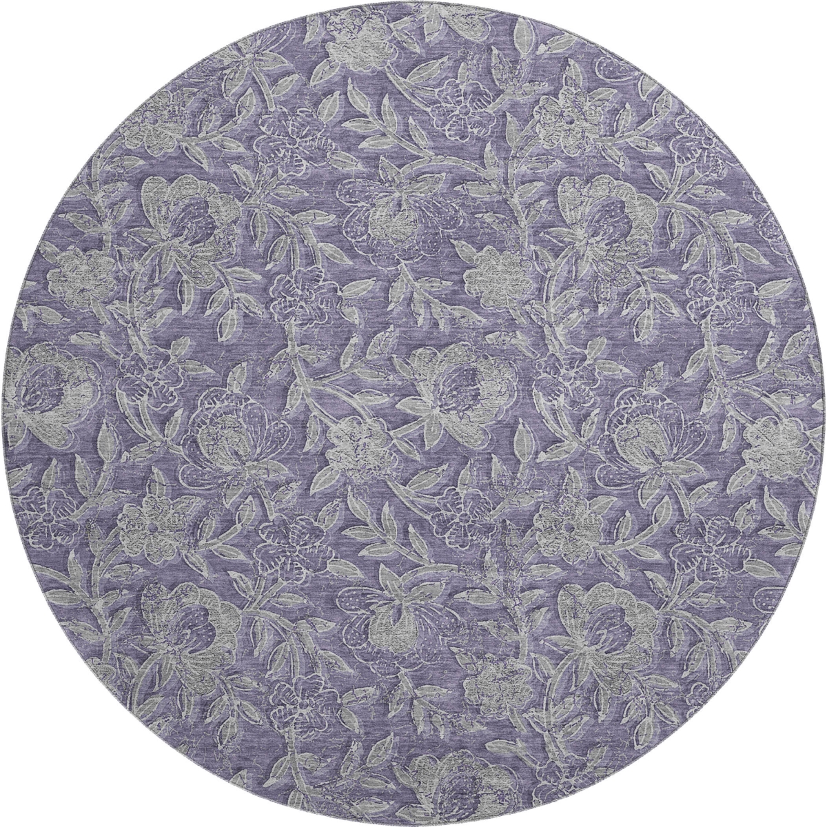 664615 8 ft. Eggplant & Gray Floral Transitional Washable Round Area Rug with UV Protection