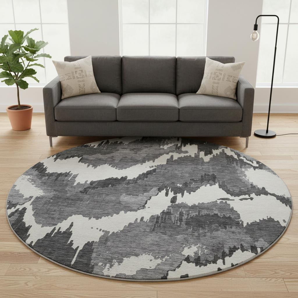 668624 8 ft. Black & Ivory Abstract Transitional Washable Round Area Rug with UV Protection