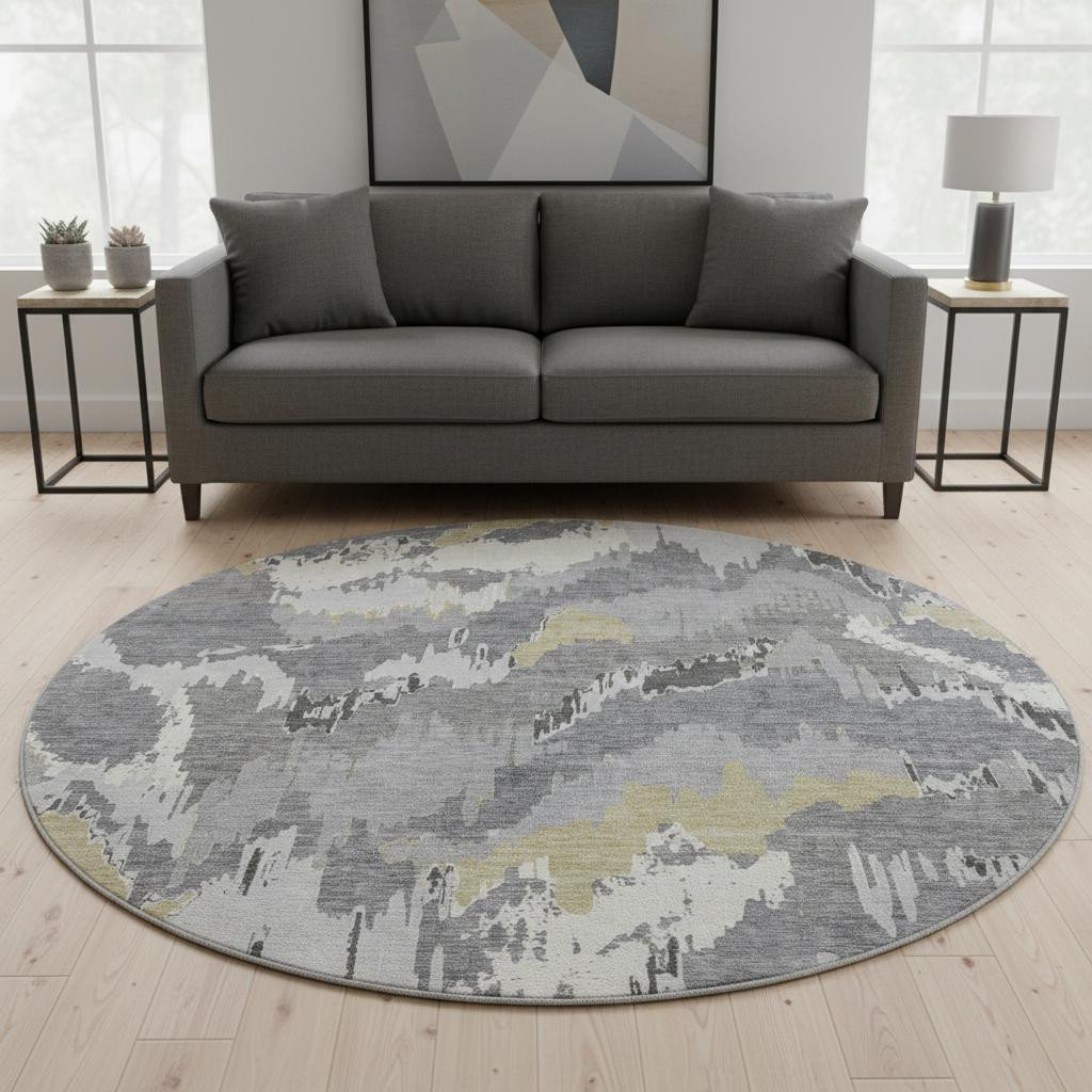 668654 8 ft. Gray Gold & Ivory Abstract Transitional Washable Round Area Rug with UV Protection