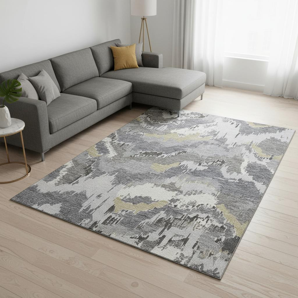 668657 10 x 14 ft. Gray Gold & Ivory Abstract Transitional Washable Machine Made Rectangle Area Rug with UV Protection