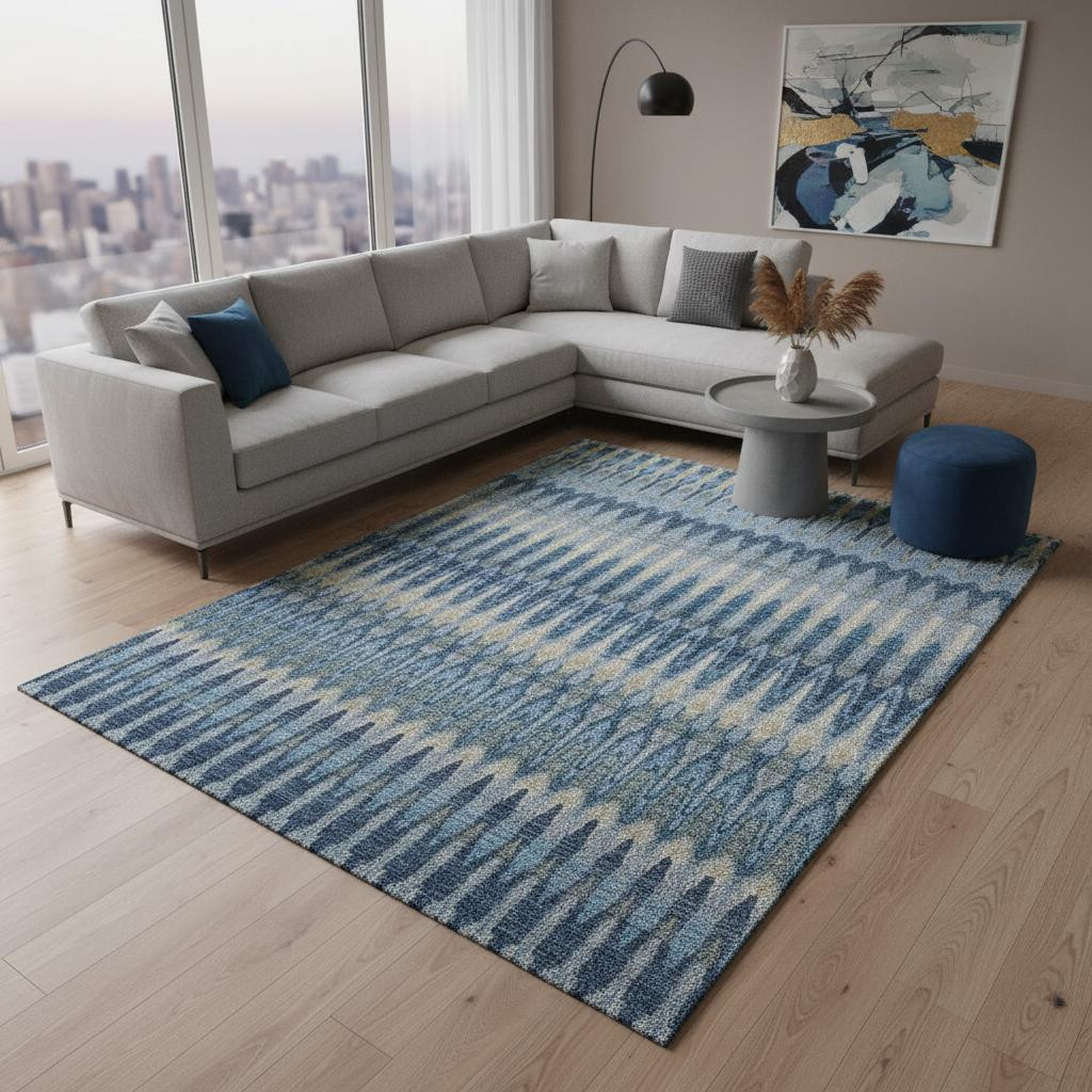 668234 9 x 12 ft. Denim Blue & Gray Southwestern Washable Machine Made Rectangle Area Rug with UV Protection