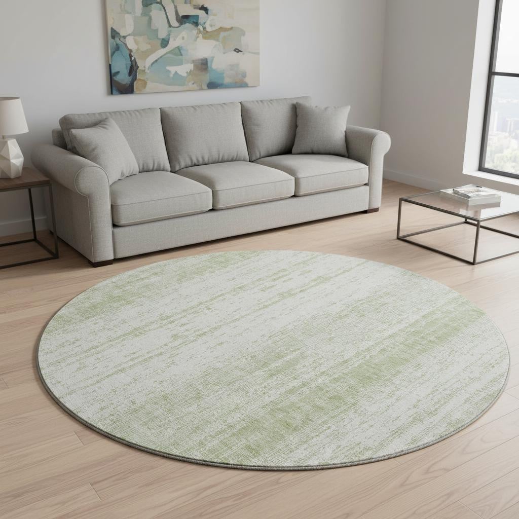 668304 8 ft. Artichoke Green & Ivory Striped Transitional Washable Round Area Rug with UV Protection