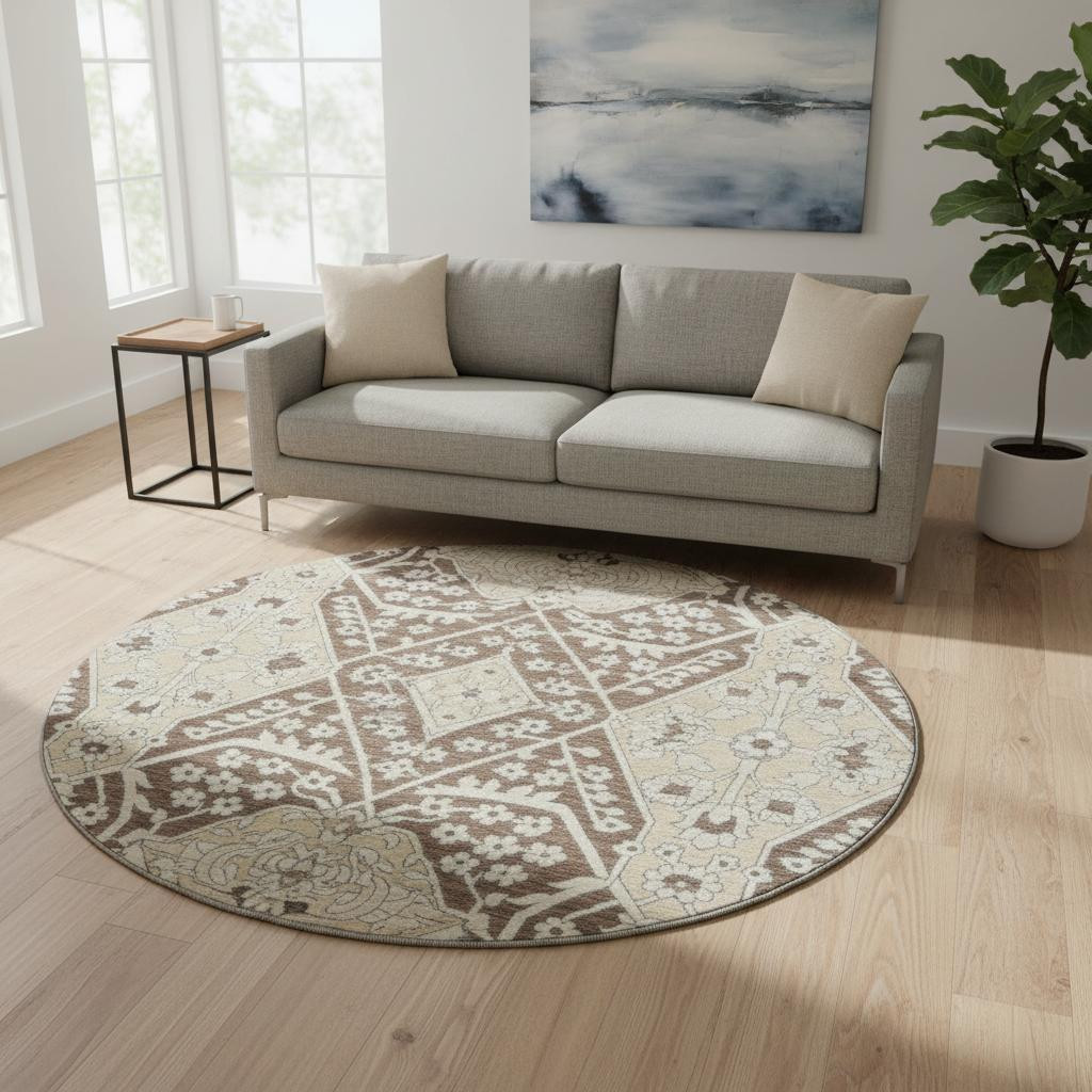 668498 8 ft. Chocolate, Gray & Beige Floral Transitional Washable Round Area Rug with UV Protection
