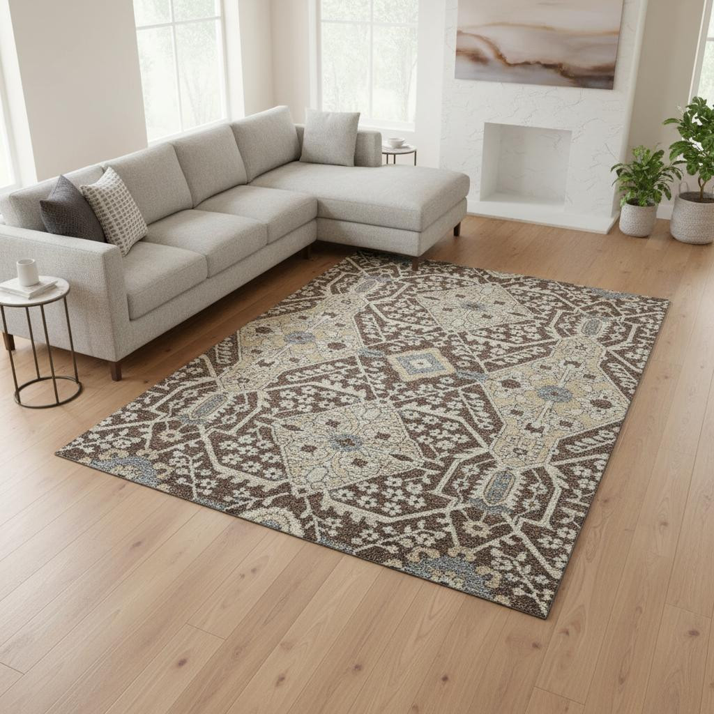 668499 8 x 10 ft. Chocolate, Gray & Beige Floral Transitional Washable Machine Made Rectangle Area Rug with UV Protection