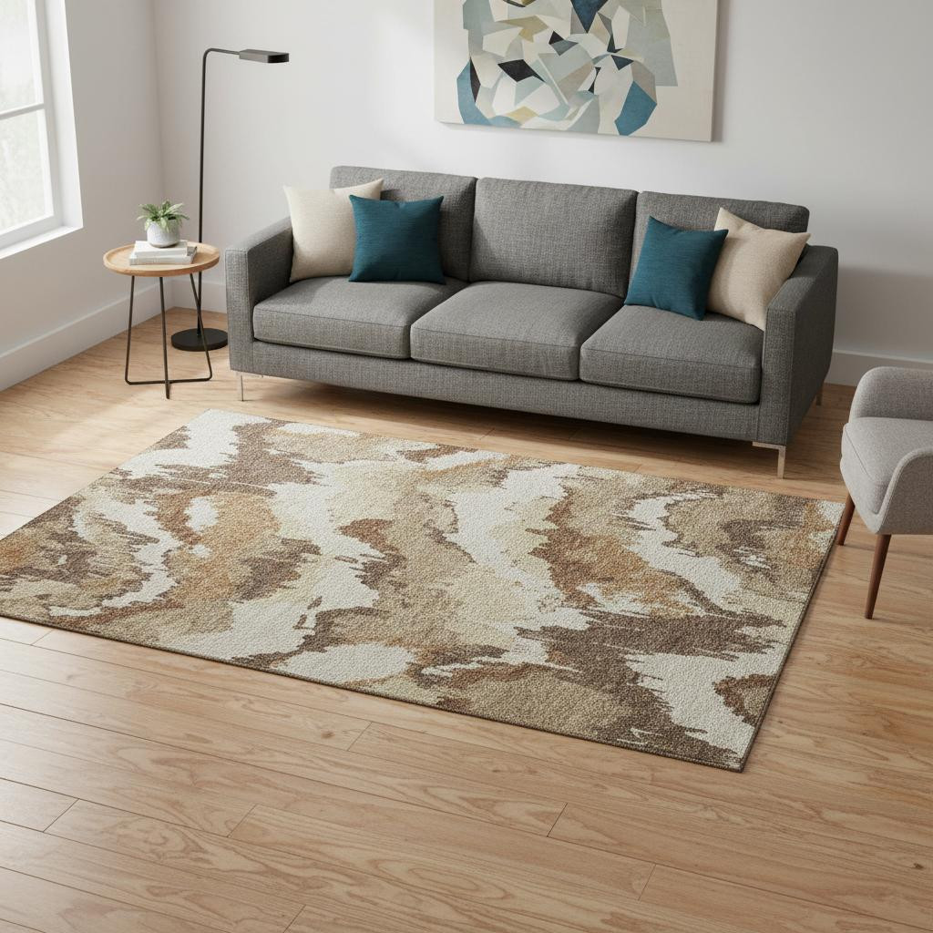 668641 5 x 8 ft. Chocolate Ivory & Beige Abstract Washable Machine Made Rectangle Area Rug with UV Protection