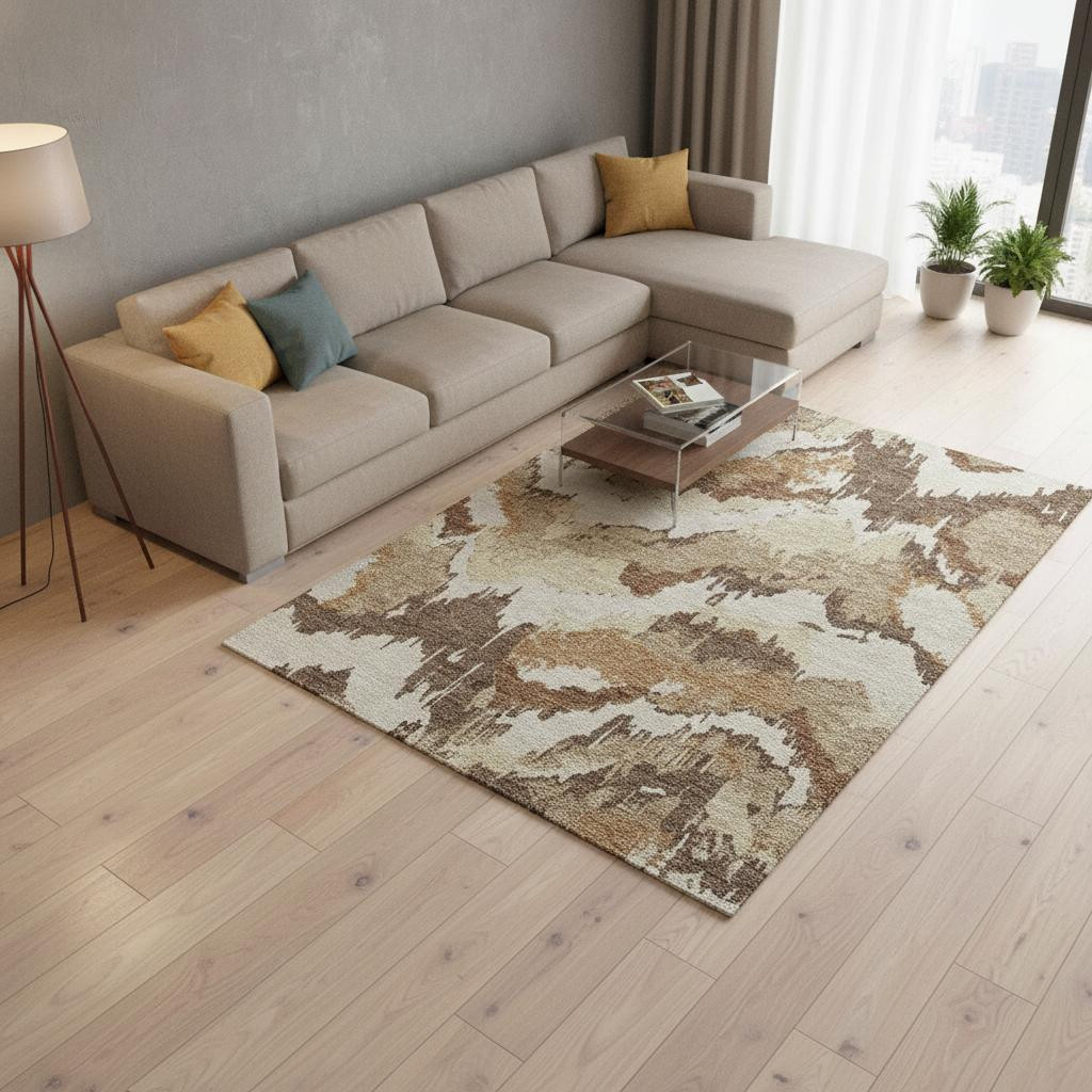 668644 9 x 12 ft. Chocolate Ivory & Beige Abstract Washable Machine Made Rectangle Area Rug with UV Protection