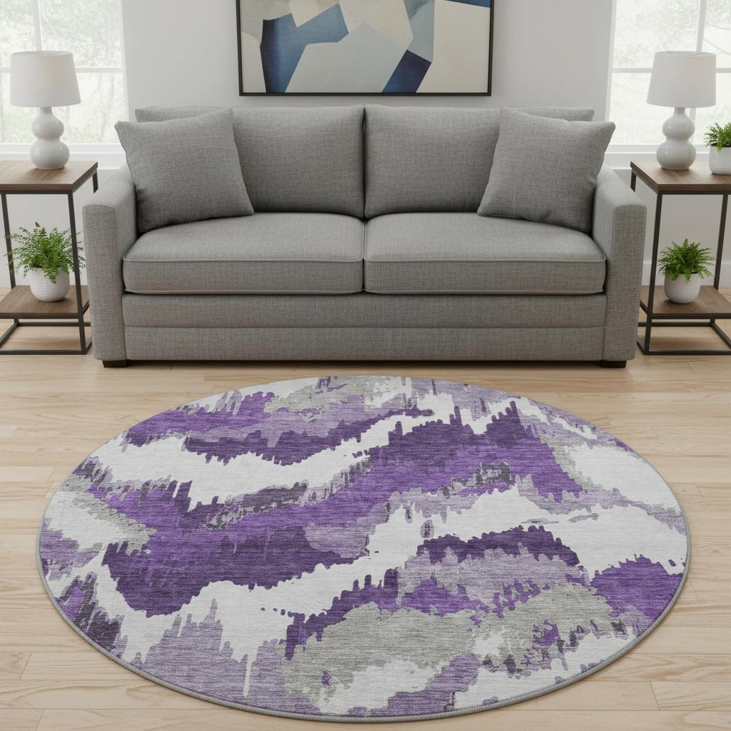 668684 8 ft. Purple, Ivory & Gray Abstract Transitional Washable Round Area Rug with UV Protection