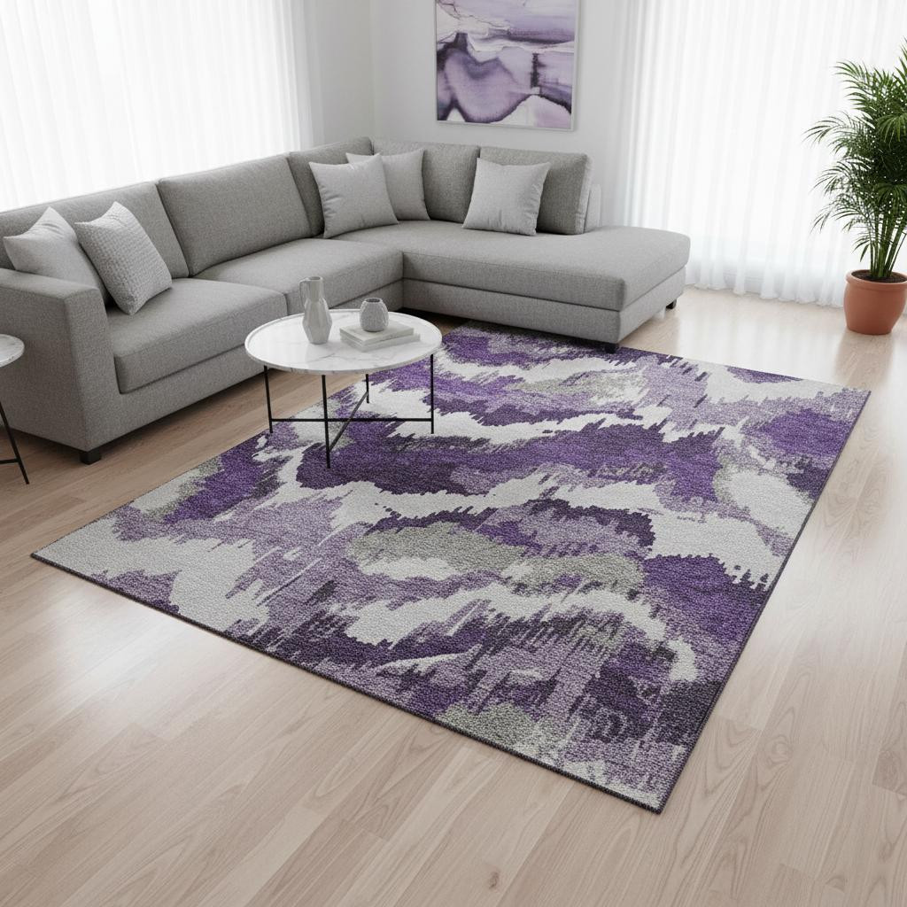 668687 10 x 14 ft. Purple, Ivory & Gray Abstract Transitional Washable Machine Made Rectangle Area Rug with UV Protection