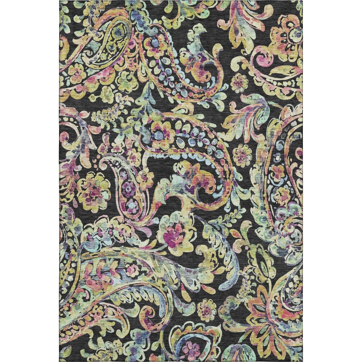666944 10 x 14 ft. Black Blue & Pink Paisley Washable Machine Made Rectangle Area Rug with UV Protection