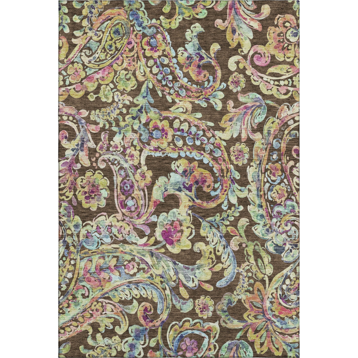 666949 9 x 12 ft. Chocolate, Blue & Pink Paisley Washable Machine Made Rectangle Area Rug with UV Protection