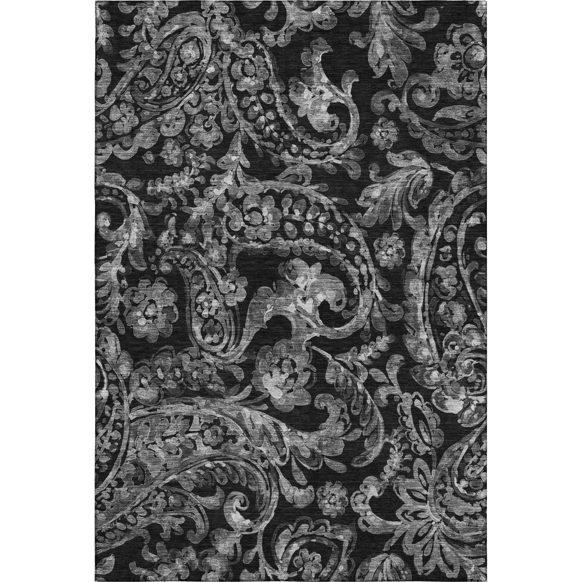 666980 10 x 14 ft. Black & Silver Paisley Washable Machine Made Rectangle Area Rug with UV Protection