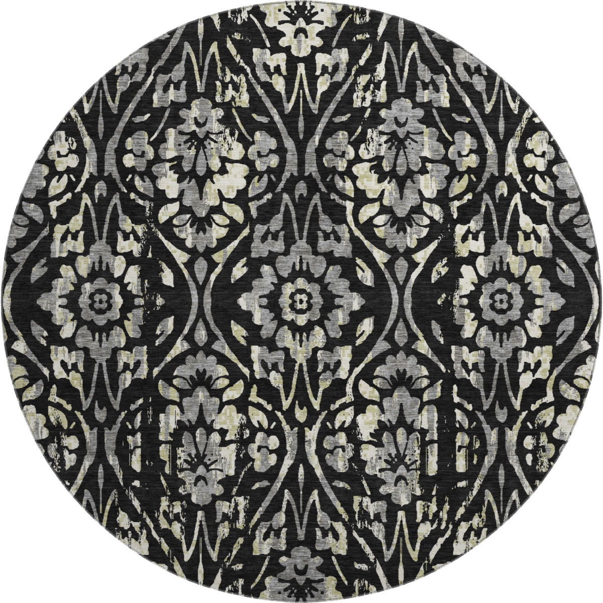 669027 8 ft. Black Gray & Beige Floral Washable Round Area Rug with UV Protection
