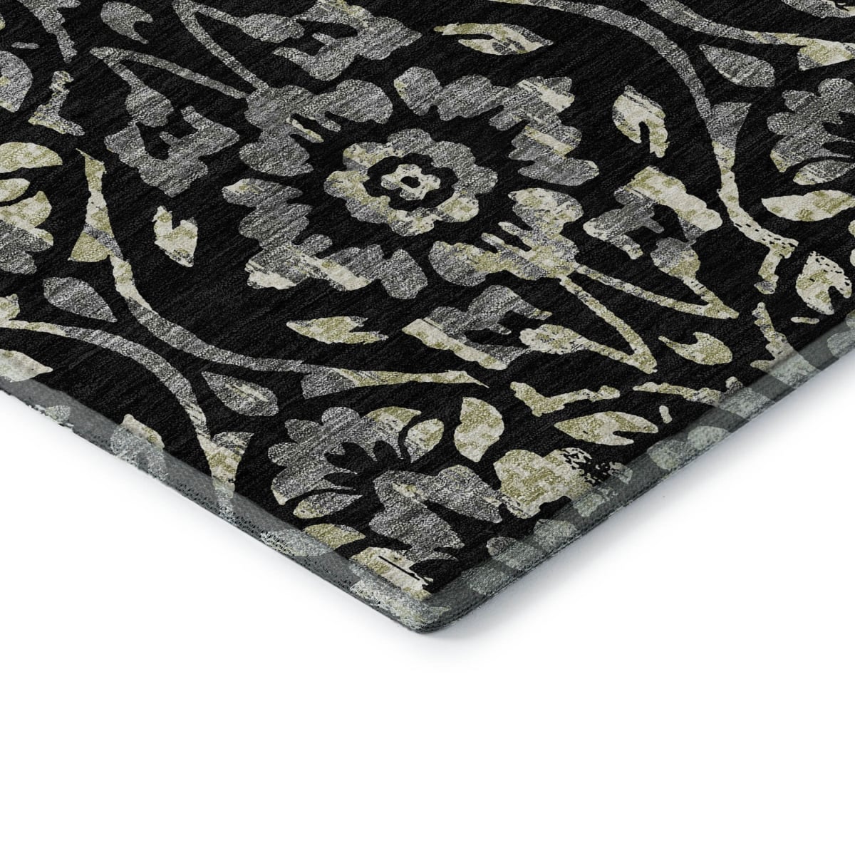 669030 10 x 14 ft. Black Gray & Beige Floral Washable Machine Made Rectangle Area Rug with UV Protection