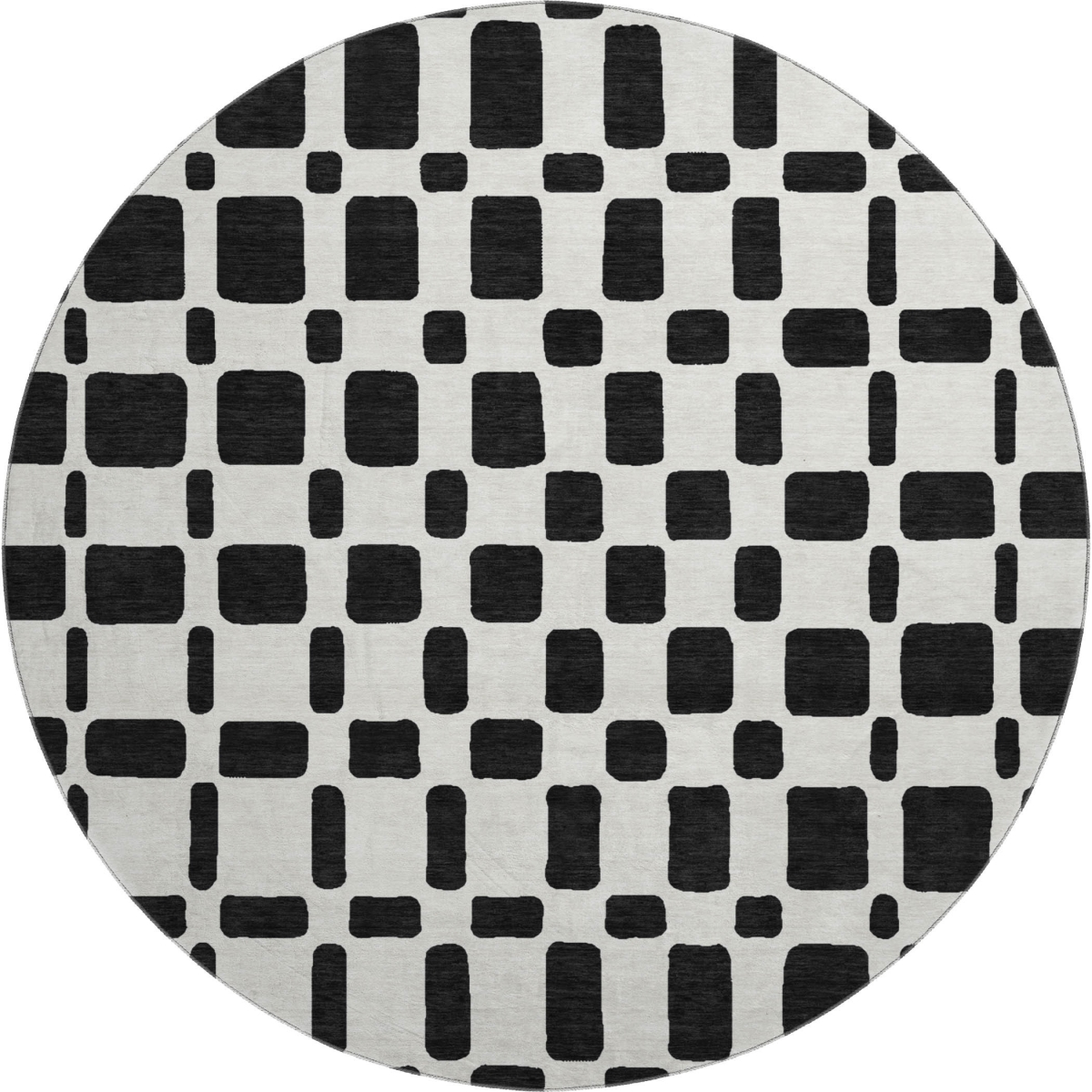 669255 8 ft. Black & Ivory Geometric Transitional Washable Round Area Rug with UV Protection