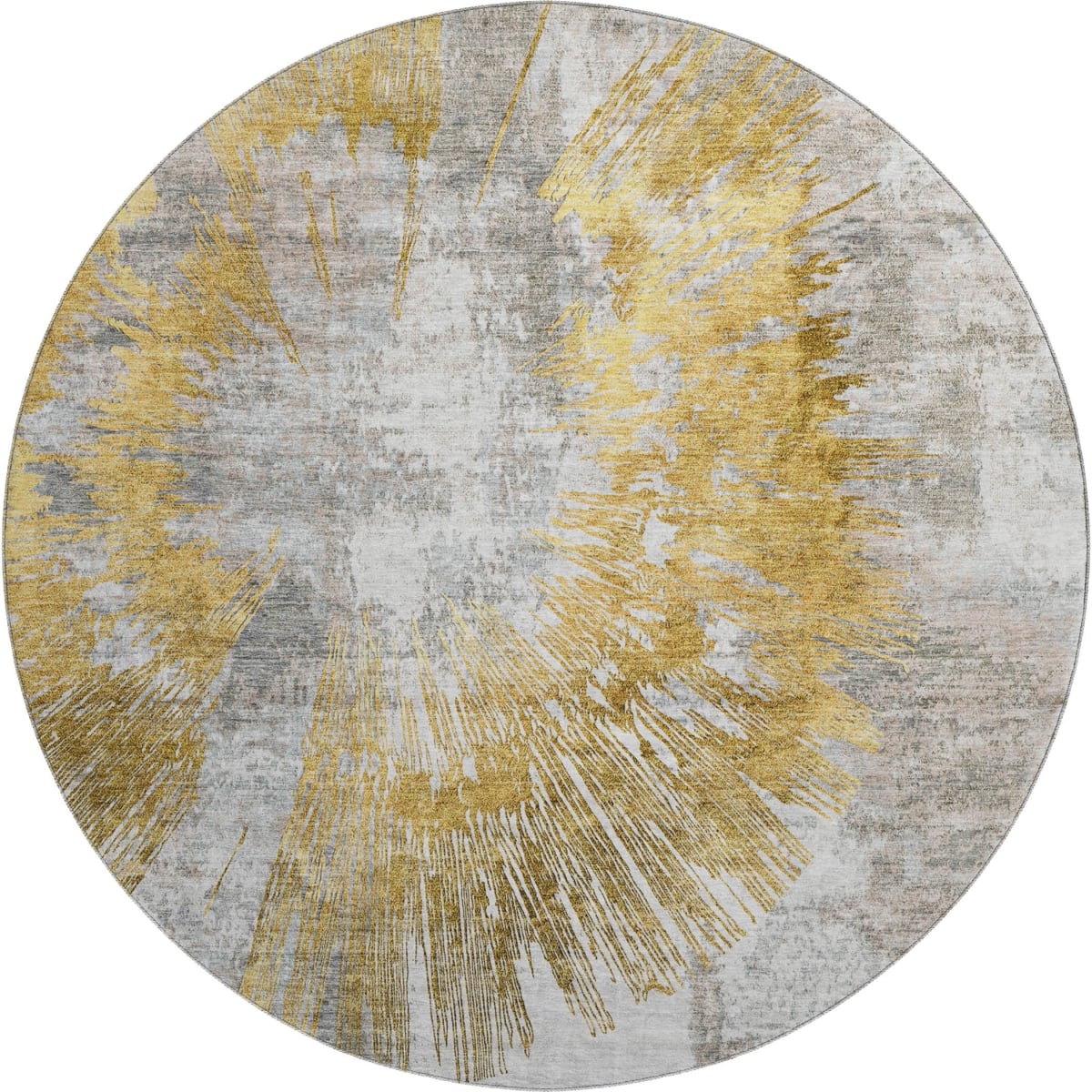 664693 8 ft. Gold Ivory & Gray Abstract Transitional Washable Round Area Rug with UV Protection