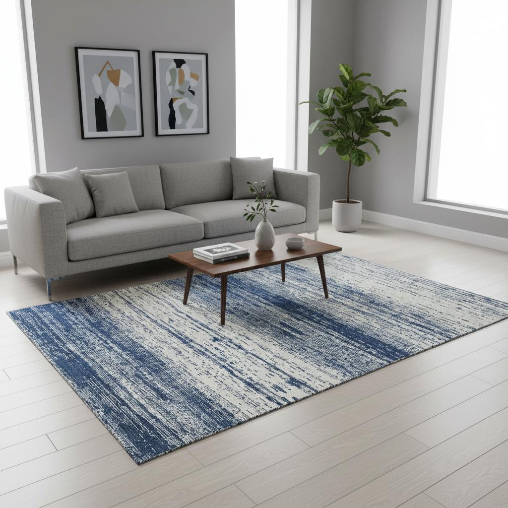 668159 5 x 8 ft. Navy Blue & Ivory Striped Transitional Washable Machine Made Rectangle Area Rug with UV Protection