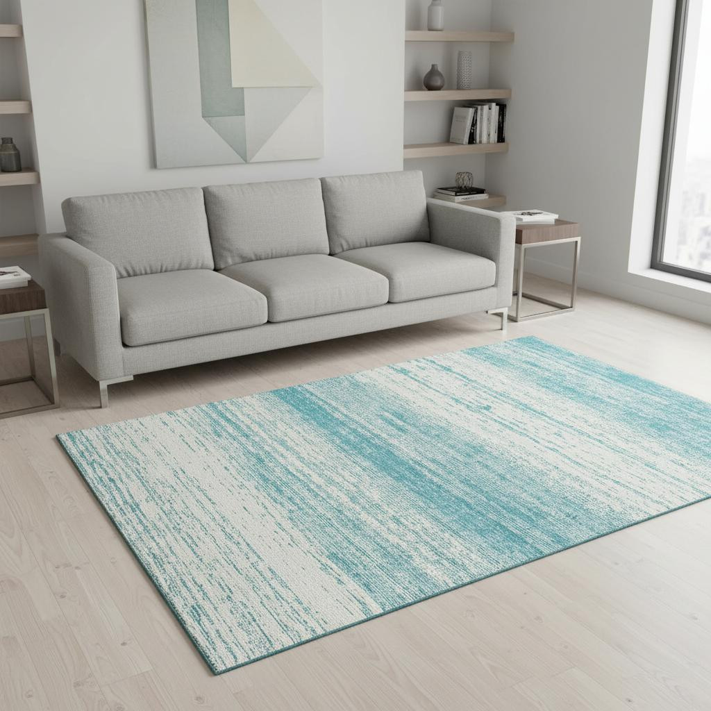 668195 5 x 8 ft. Teal & Ivory Striped Transitional Washable Machine Made Rectangle Area Rug with UV Protection