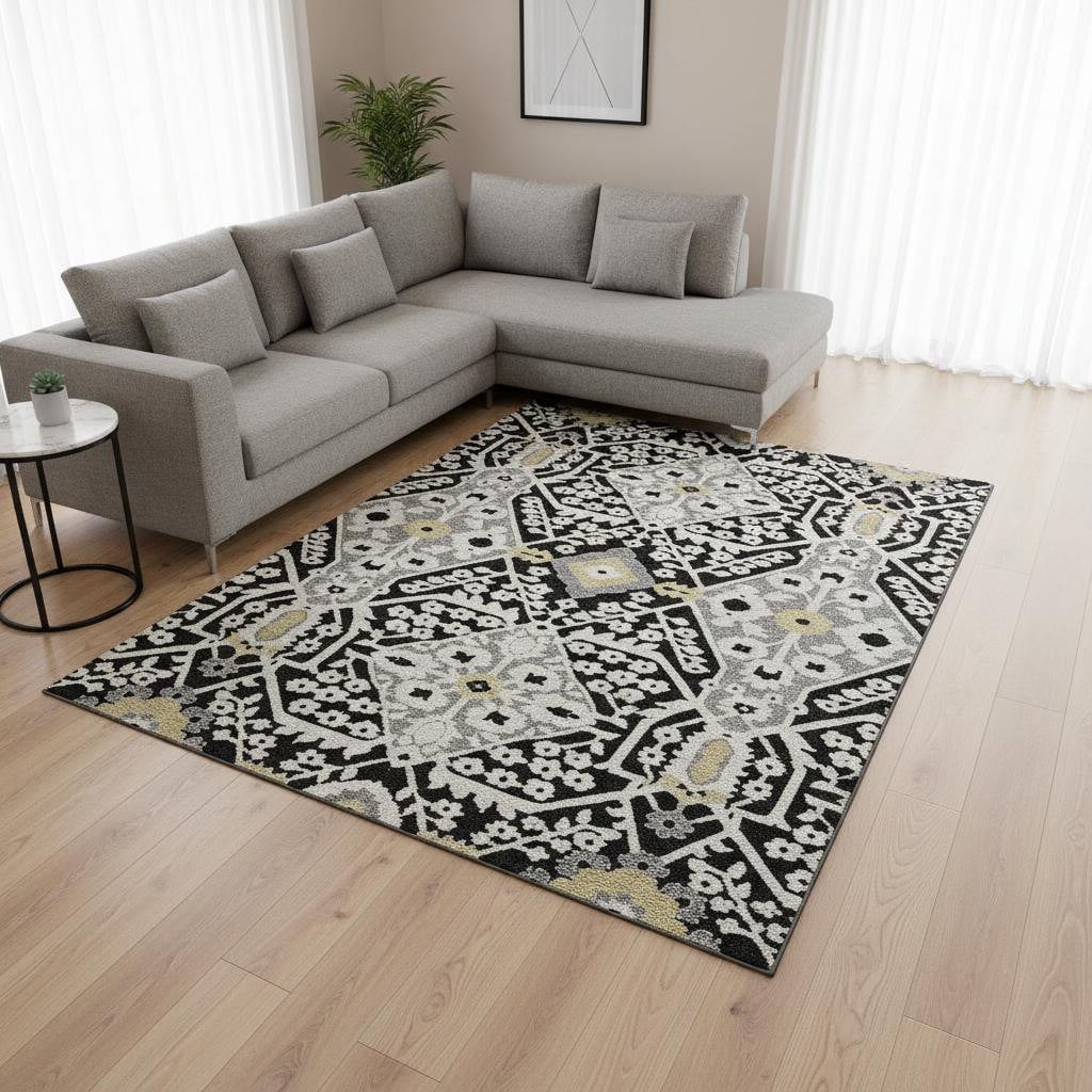 668487 8 x 10 ft. Black Gray & Gold Floral Washable Machine Made Rectangle Area Rug with UV Protection
