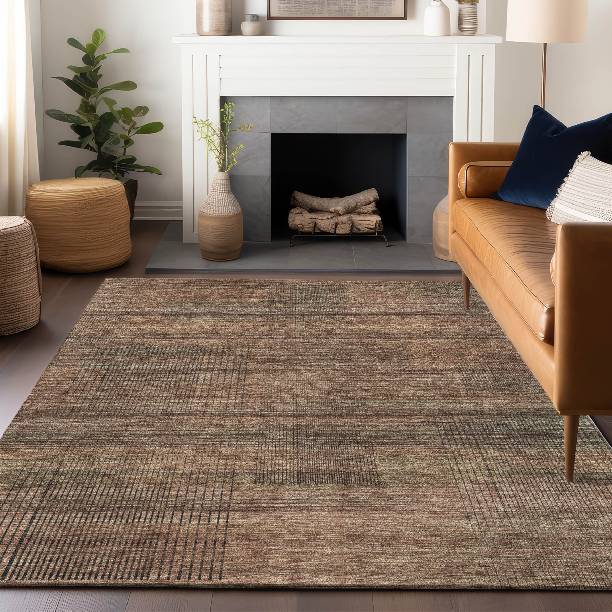 666490 5 x 8 ft. Rust & Gray Striped Transitional Washable Machine Made Rectangle Area Rug with UV Protection