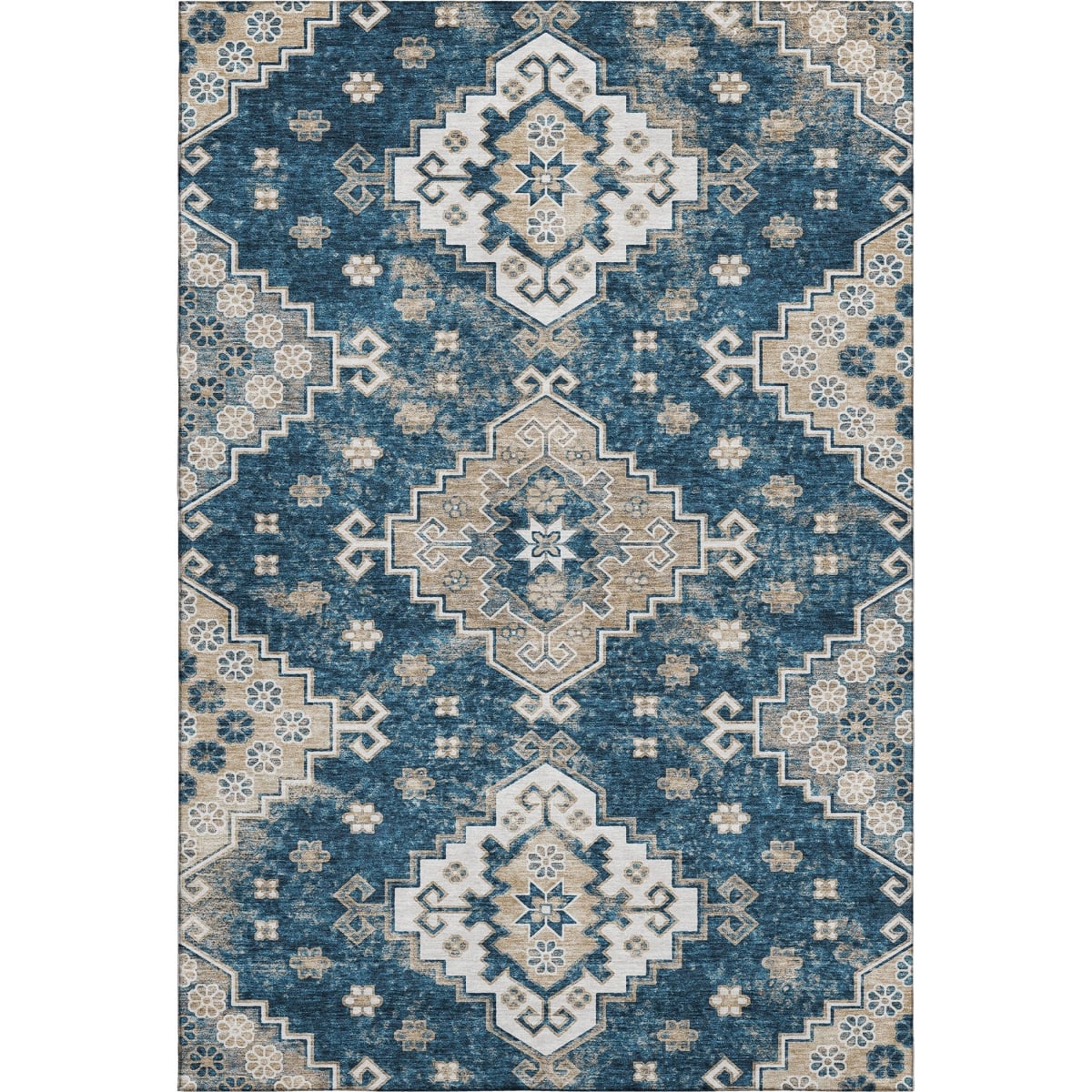 667382 8 x 10 ft. Navy Blue, Ivory & Beige Medallion Traditional Washable Machine Made Rectangle Area Rug with UV Protection