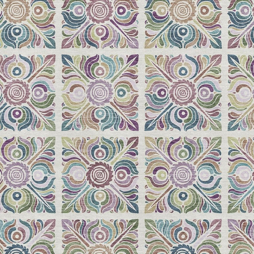 667695 8 x 10 ft. Ivory Purple & Teal Medallion Washable Machine Made Rectangle Area Rug with UV Protection
