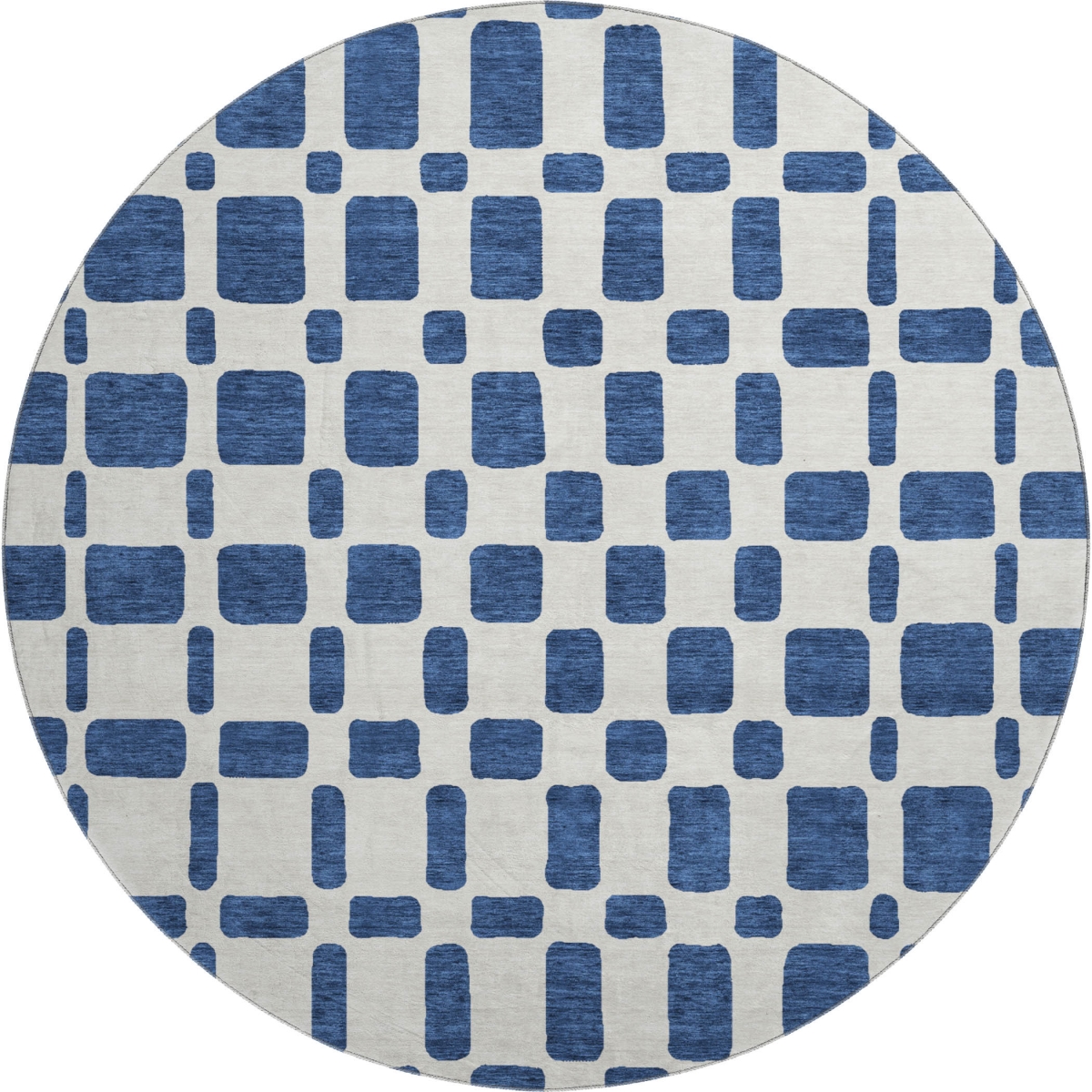 669291 8 ft. Navy Blue & Ivory Geometric Transitional Washable Round Area Rug with UV Protection