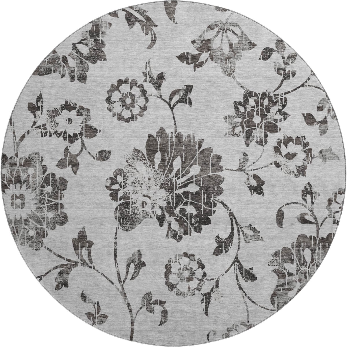 667912 8 ft. Gray & Charcoal Floral Transitional Washable Round Area Rug with UV Protection