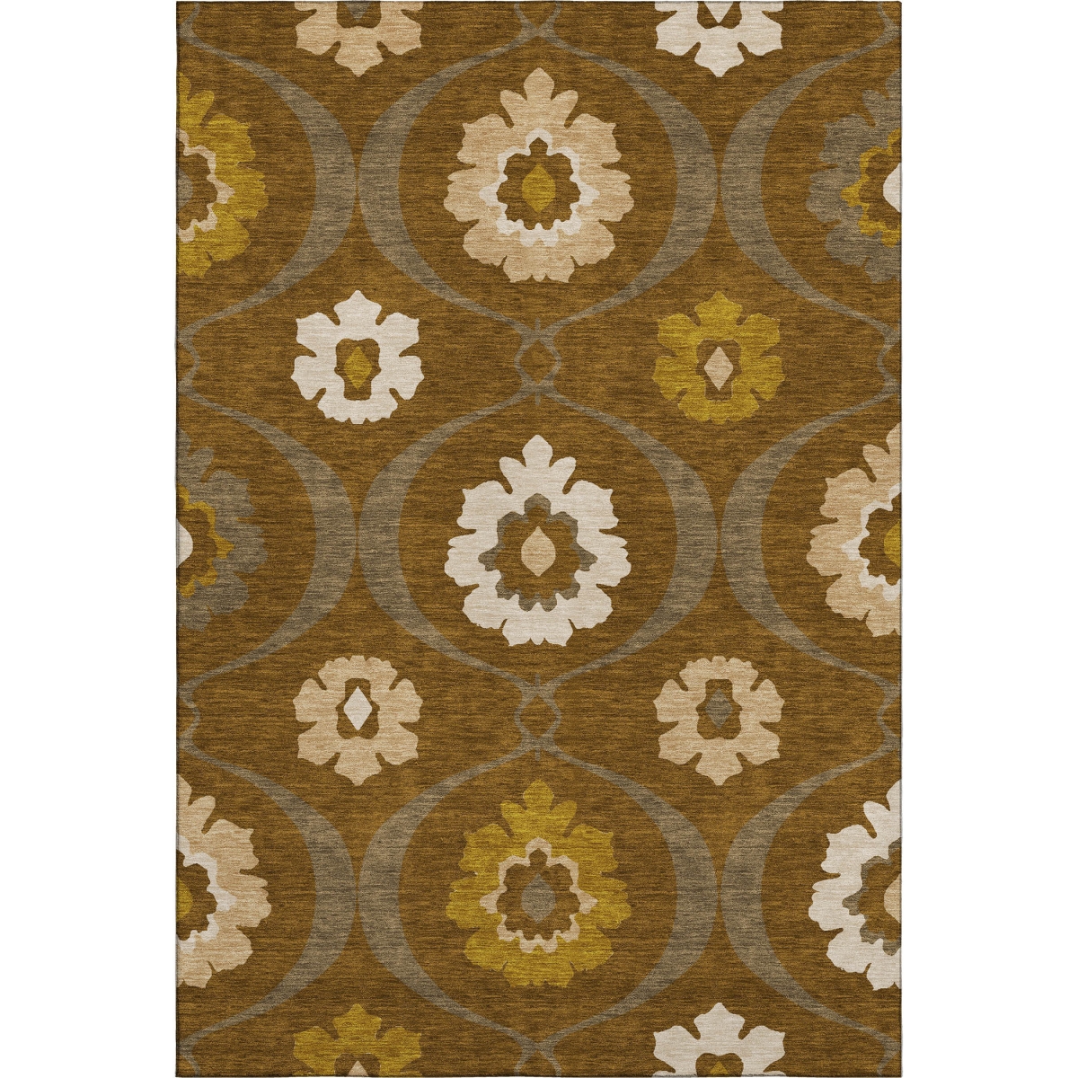 668061 5 x 8 ft. Coffee, Gold & Beige Medallion Washable Machine Made Rectangle Area Rug with UV Protection