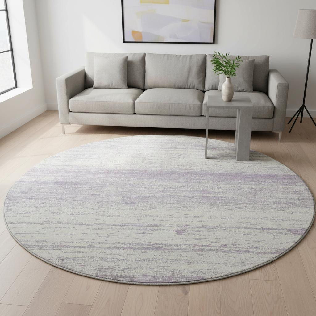 668137 8 ft. Lavender & Ivory Striped Transitional Washable Round Area Rug with UV Protection
