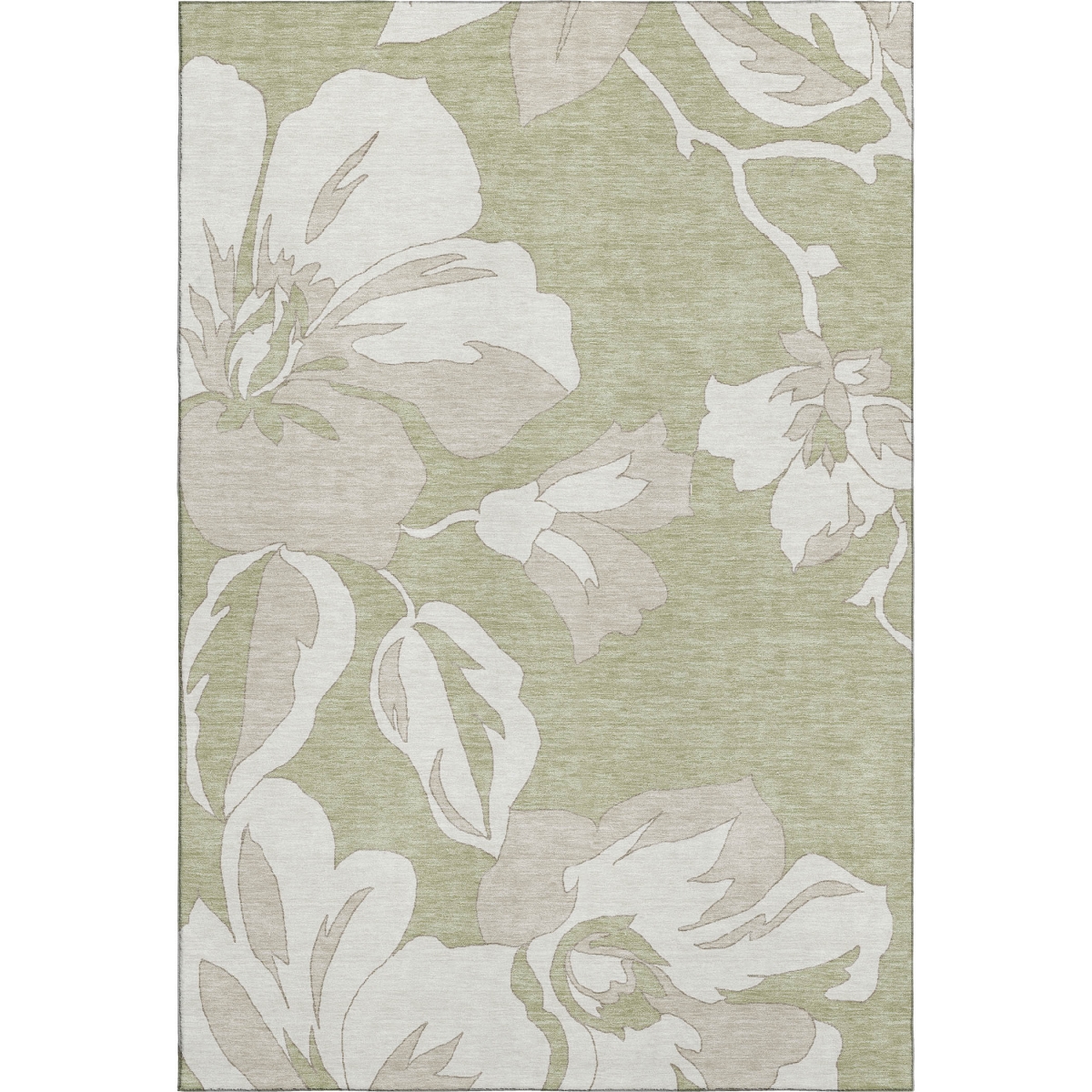 667959 5 x 8 ft. Artichoke Green & Ivory Floral Transitional Washable Machine Made Rectangle Area Rug with UV Protection