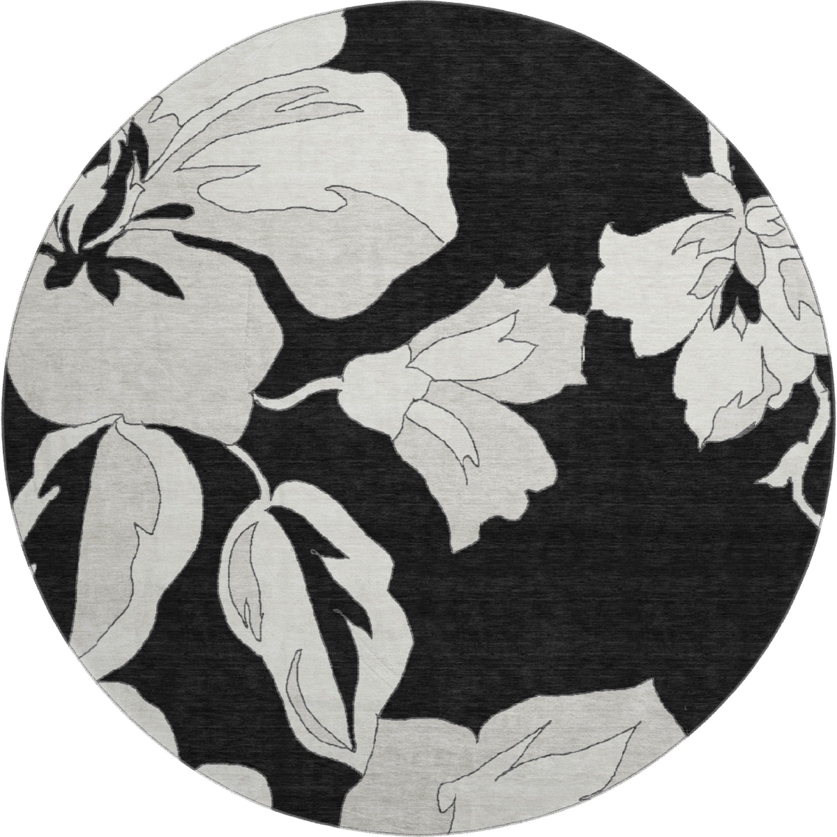667966 8 ft. Black & Ivory Floral Transitional Washable Round Area Rug with UV Protection