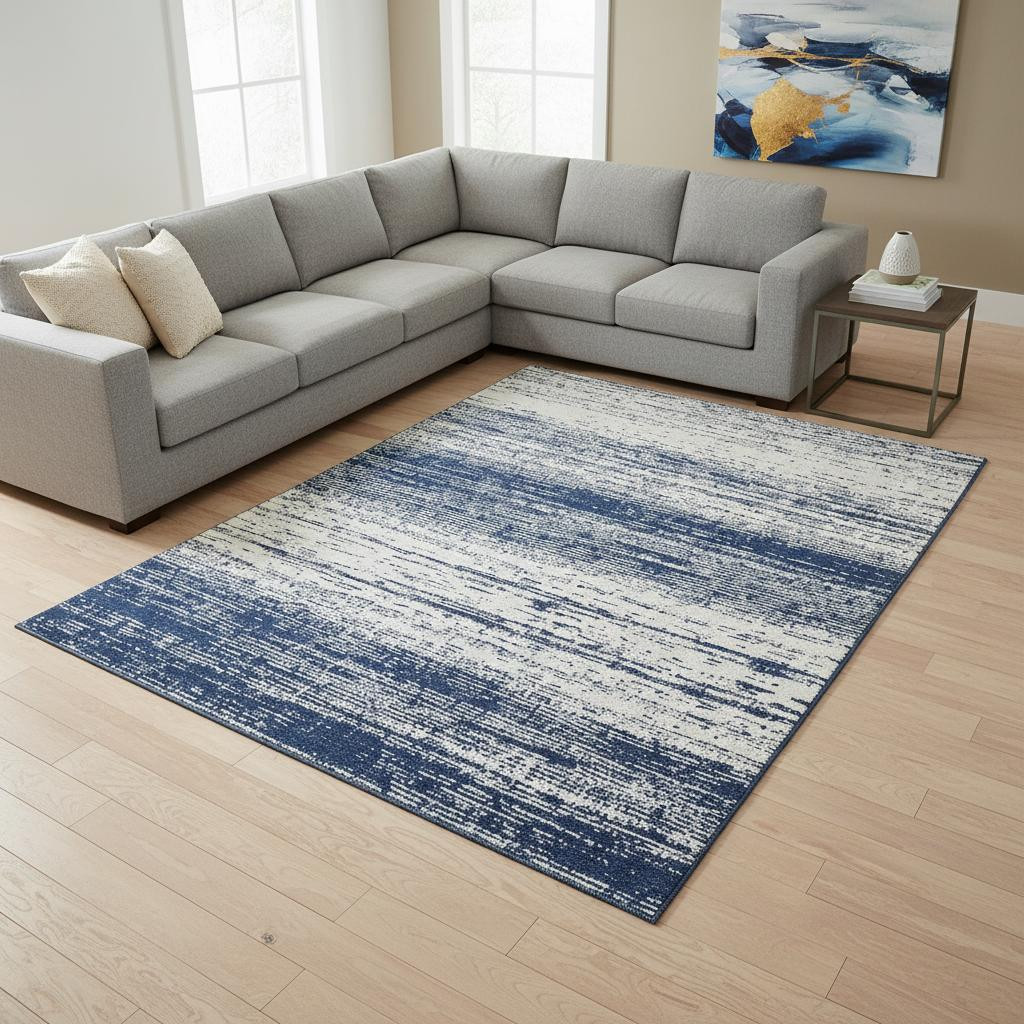 668161 8 x 10 ft. Navy Blue & Ivory Striped Transitional Washable Machine Made Rectangle Area Rug with UV Protection