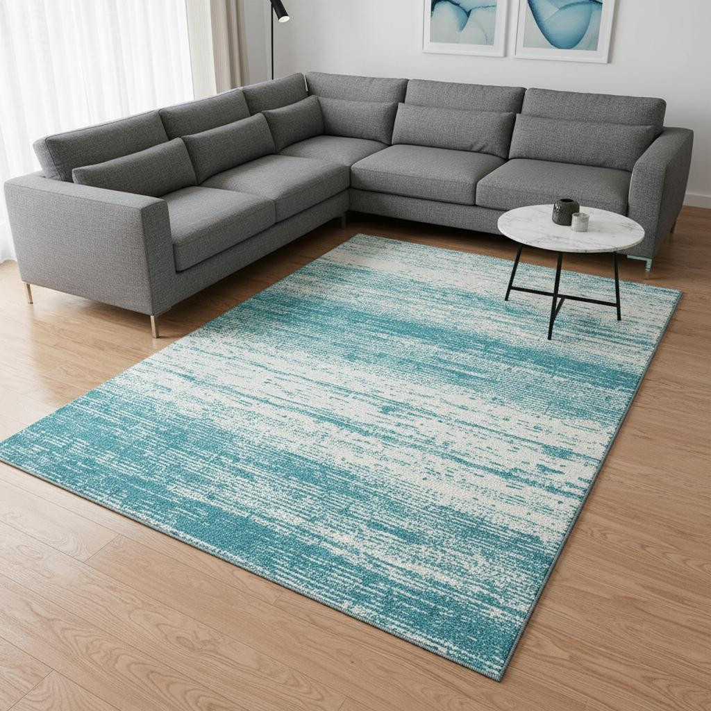 668199 10 x 14 ft. Teal & Ivory Striped Transitional Washable Machine Made Rectangle Area Rug with UV Protection