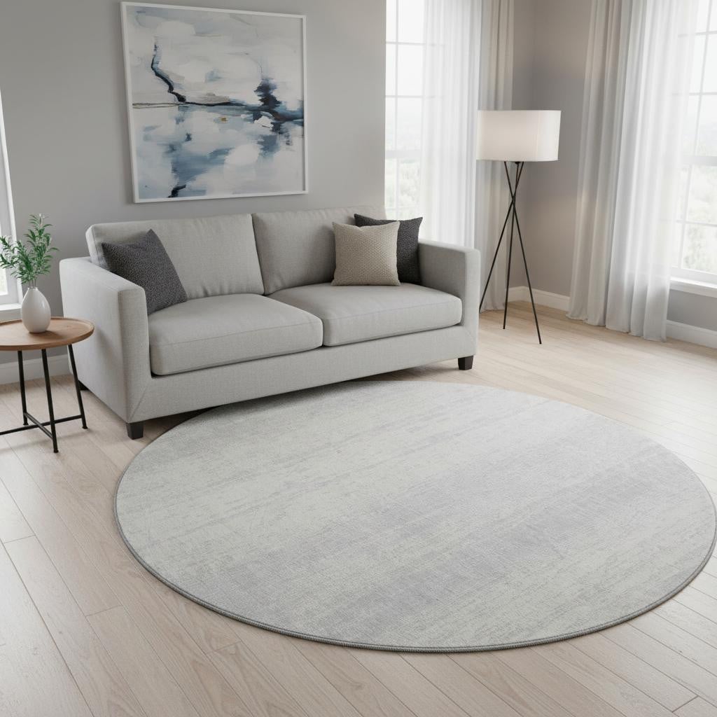 668364 8 ft. Silver & Ivory Striped Transitional Washable Round Area Rug with UV Protection