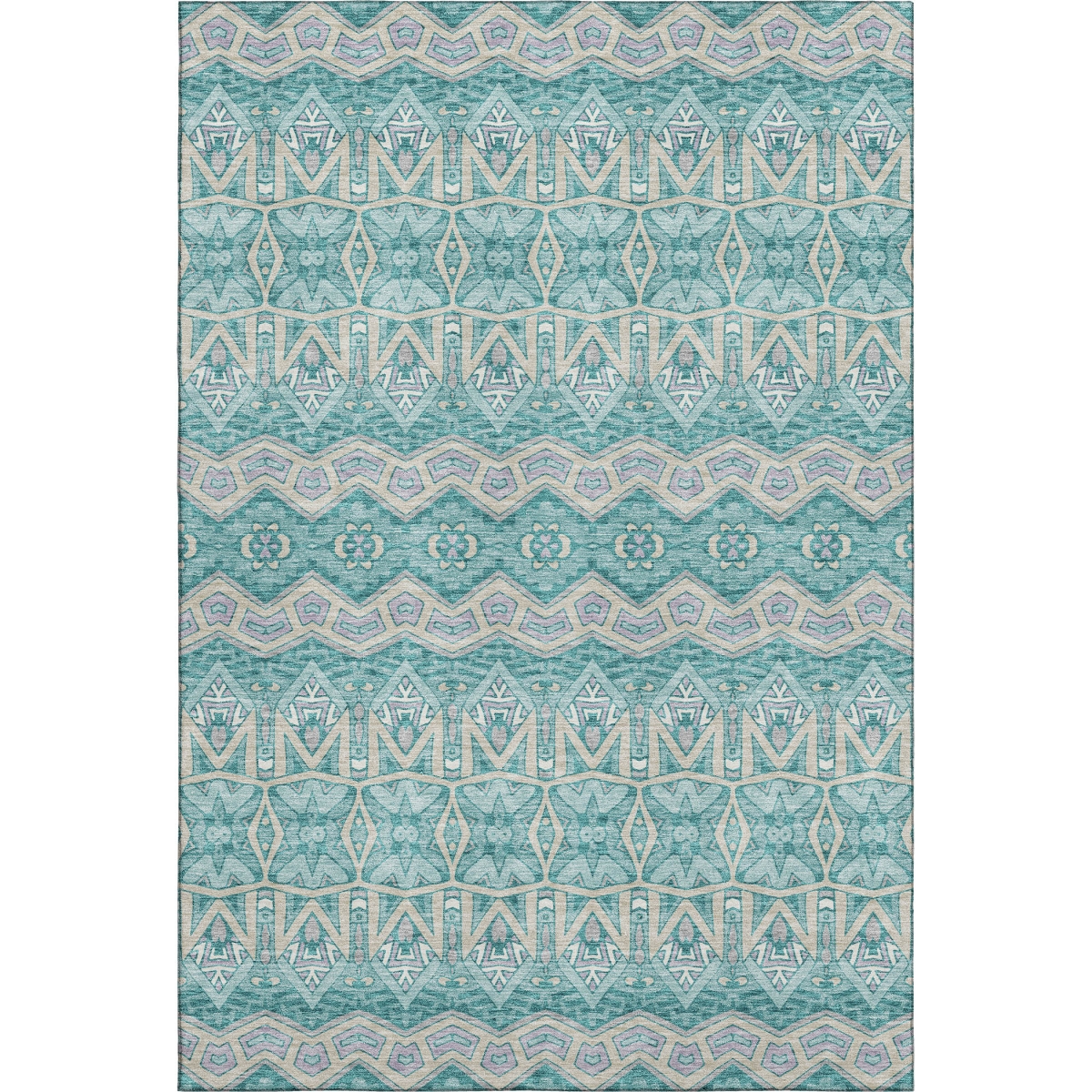 672300 8 x 10 ft. Teal Beige & Ivory Moroccan Washable Machine Made Rectangle Area Rug with UV Protection
