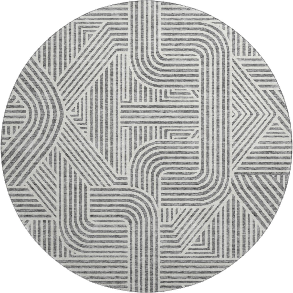 672914 8 ft. Gray & Ivory Abstract Geometric Transitional Washable Round Area Rug with UV Protection