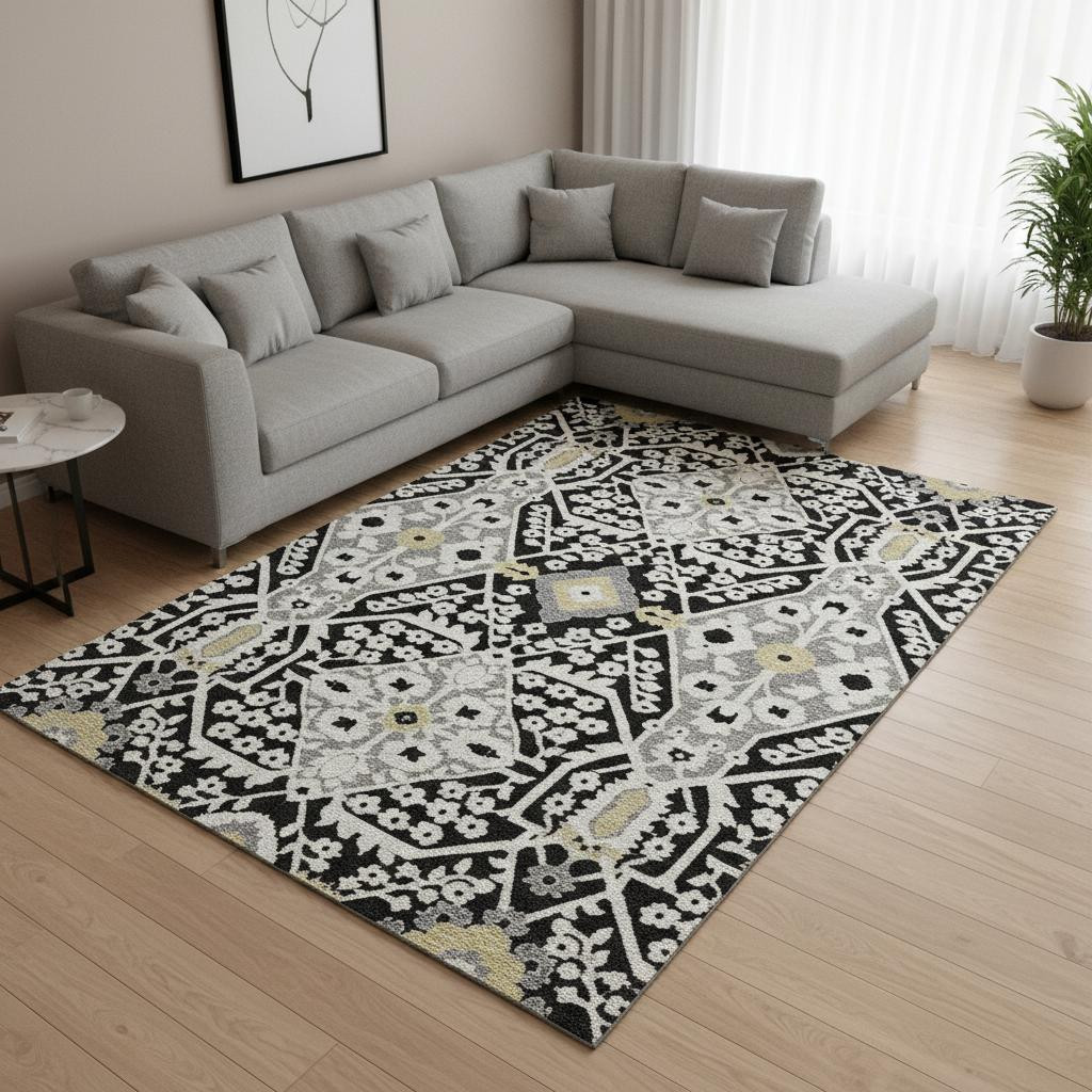 668488 9 x 12 ft. Black Gray & Gold Floral Washable Machine Made Rectangle Area Rug with UV Protection