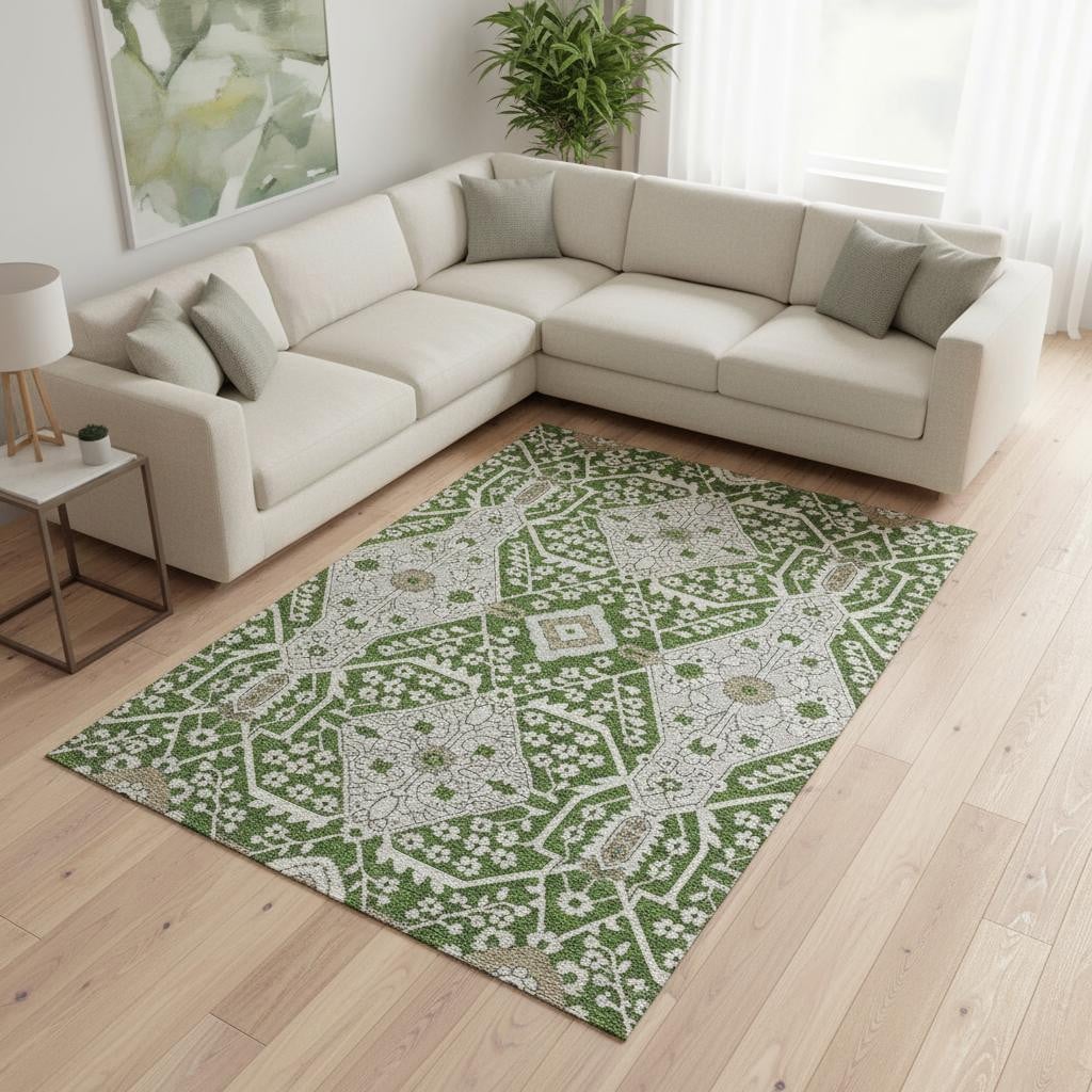 668518 8 x 10 ft. Green, Ivory & Gray Floral Washable Machine Made Rectangle Area Rug with UV Protection