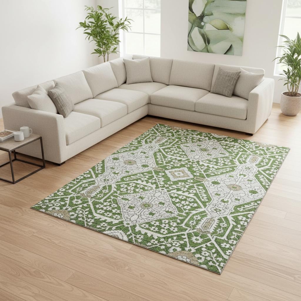 668522 10 x 14 ft. Green, Ivory & Gray Floral Washable Machine Made Rectangle Area Rug with UV Protection