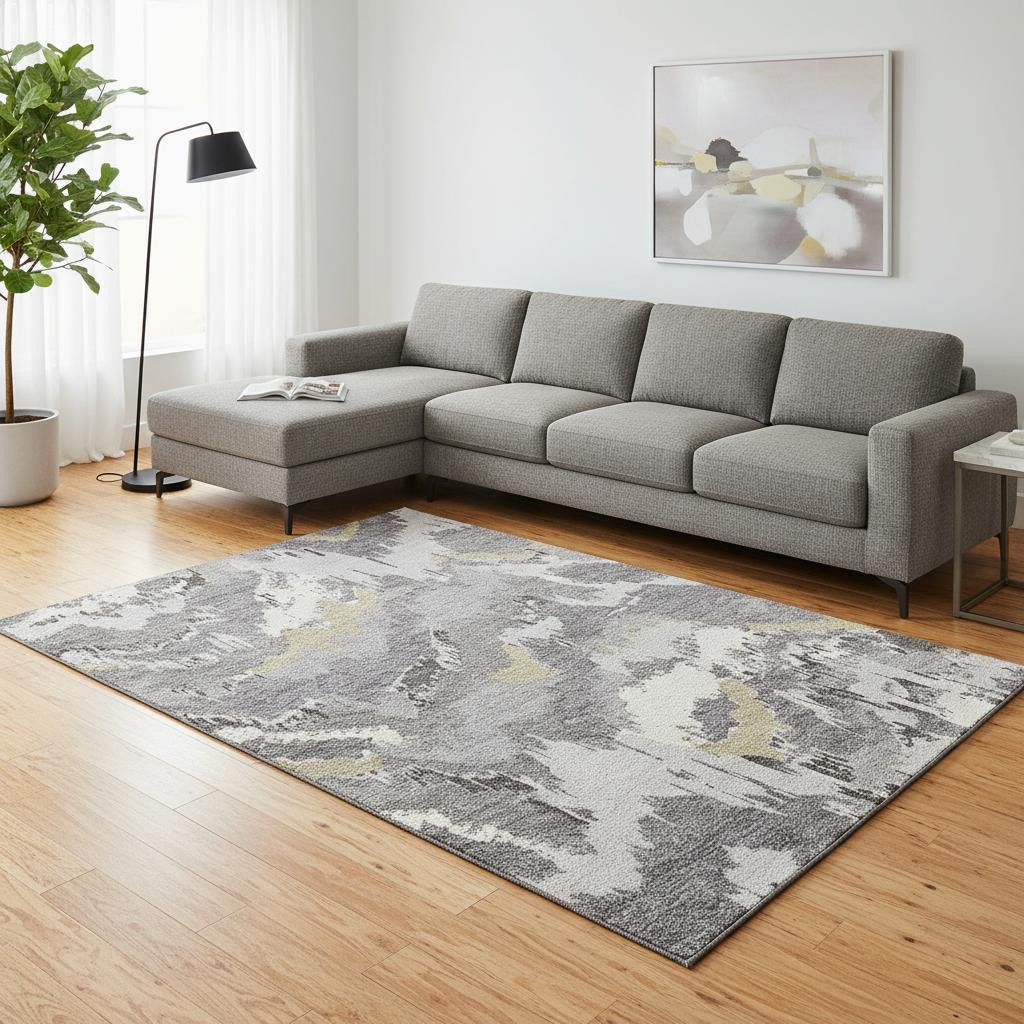 668656 9 x 12 ft. Gray Gold & Ivory Abstract Transitional Washable Machine Made Rectangle Area Rug with UV Protection